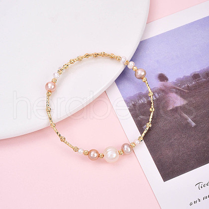 Brass Natural Fresh Water Pearl Beaded Bracelets for Women BJEW-T022-10G-1