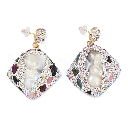 Mother's Day Jewellery Rack Plating Rhombus Brass With Natural Tourmaline & Natural Pearl Handmade Indonesia Stud Earrings EJEW-U010-03B-G-1