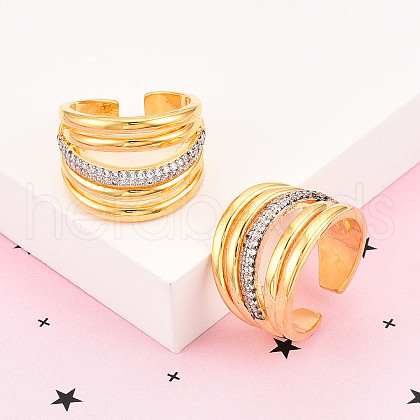Brass Micro Pave Clear Cubic Zirconia Cuff Rings for Women KK-T074-09G-1