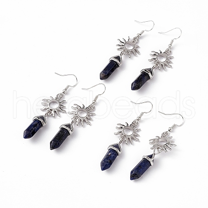 Natural Sodalite Bullet with Sun Dangle Earrings EJEW-I276-01P-04-1