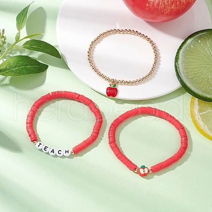 3Pcs 3 Styles Teachers' Day Polymer Clay Beads Stretch Bracelet & Alloy Enamel Apple Charm Bracelet Set for Women BJEW-TA00607-1