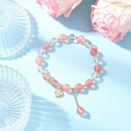 Natural Quartz Crystal & Cherry Quartz Glass Round Beaded Stretch Bracelets BJEW-JB11935-01-1