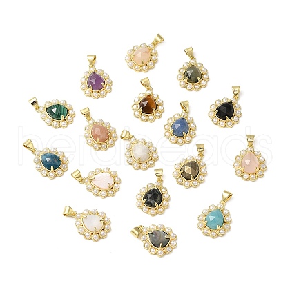 Ion Plating(IP) Natural Mixed Gemstone Teardrop with Plastic Pearl Beaded Pendant G-E599-01G-1