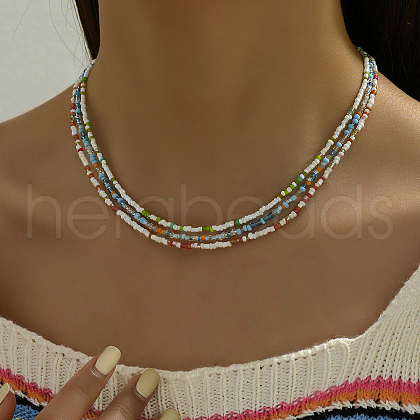 3Pcs Bohemian Ocean Style Round Glass Seed Beaded 3 Layer Necklaces for Women Vacation Wear NJ4146-1