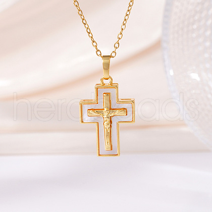 Brass Pave Natural White Shell Religion Jesus Cross Pendant Necklaces for Women FS-WGAAB84-01-1