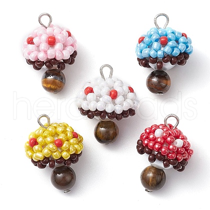 5Pcs 5 Colors Seed Beads & Natural Tiger Eye Beaded Charms PALLOY-MZ00333-1