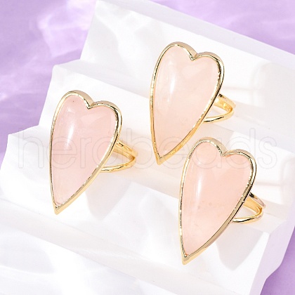 Heart Natural Rose Quartz Finger Rings RJEW-M076-03G-09-1