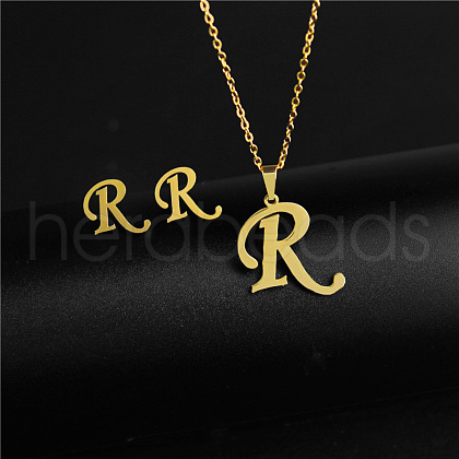 304 Stainless Steel Letter Pendant Necklaces & Stud Earrings Sets WG4BFDA-18-1