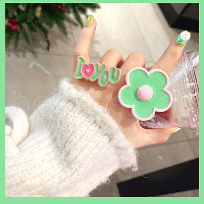 2Pcs Flower & Word I Love You Resin Enamel Finger Rings for Women Girls FS-WG6DDE5-04-1