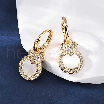 Heart with Flat Round Brass Micro Pave Clear Cubic Zirconia Hoop Earrings KK-D363-11B-G-1