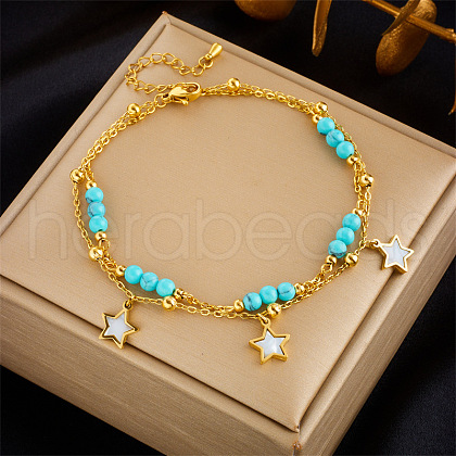 304 Stainless Steel & Round Synthetic Turquoise & Natural Shell Charm Double Layer Anklets FS-WGEF8AA-06-1