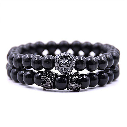 2Pcs Natural Lava Rock Round Beaded Stretch Bracelets CG7988-17-1