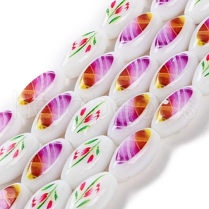 Printing Glass Oval Beads for Necklaces Bracelets Making GLAA-B020-01A-12-1