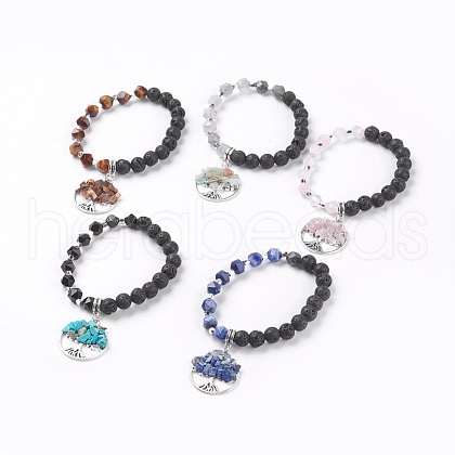 Natural Mixed Stone & Lava Rock Stretch Bracelets BJEW-JB03953-1