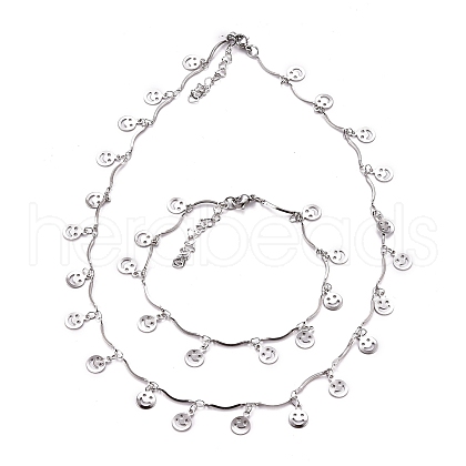 Smile Face Charm Necklace & Bracelet Sets SJEW-JS01129-1