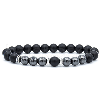 Natural Black Stone & Synthetic Hematite Stretch Bracelet XX9870-7-1