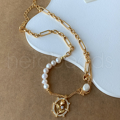 Brass Pave Clear Cubic Zirconia Oval with Flower Pendant Natural Freshwater Pearl Beaded Necklaces for Women FS-WG76AA2-01-1