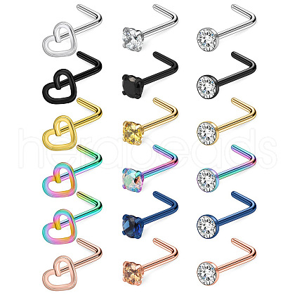 316L Surgical Stainless Steel Pave Cubic Zirconia Heart Square Flat Round L-Shaped Nose Rings FS-WGD0B52-01-1