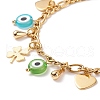 Lampwork Evil Eye & Brass Clover Heart Charms Bracelet with Stainless Steel Chains for Women BJEW-TA00141-4