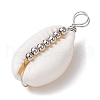 Natural Cowrie Shell Copper Wire Wrapped Round Brass Beads Pendants PALLOY-JF02938-05-3