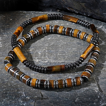 2Pcs 2 Styles Natural 2Pcs 2 Styles Natural Yellow Tiger Eye Cylinder Beads & Synthetic Non-magnetic Hematite Beads Stretch Bracelets for MenYellow Tiger Eye & Synthetic Non-magnetic Hematite Beads Stretch Bracelets for Men NN9022-1