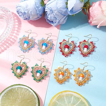Heart with Mushroom Handmade Lampwork Dangle Earrings EJEW-MZ00450-1