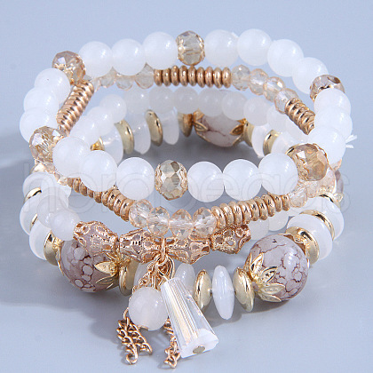 4Pcs 4 Styles Bohemian Style Alloy Glass Round Beaded Stretch Bracelets FS-WG80D8B-13-1