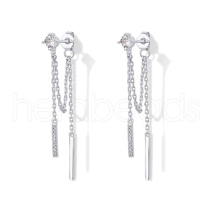 Stick Shaped Brass Micro Pave Clear Cubic Zirconia Chain Tassel Stud Dangle Earrings FS-WGFCB39-04-1