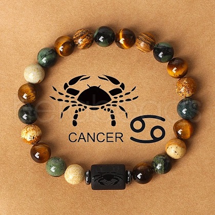 12 Constellations Natural Tiger Eye & Picture Jasper Round Beaded Stretch Bracelets for Men Women WG21EC3-04-1