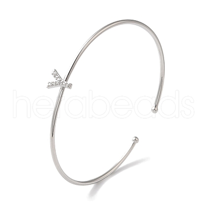 Rack Plating Brass Micro Pave Clear Cubic Zirconia Letter Open Cuff Bangles BJEW-A018-01P-Y-1