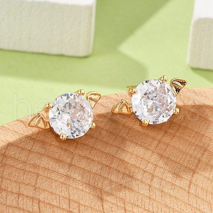 Bat Brass Micro Pave Clear Cubic Zirconia Stud Earrings for Women EJEW-G428-14G-1