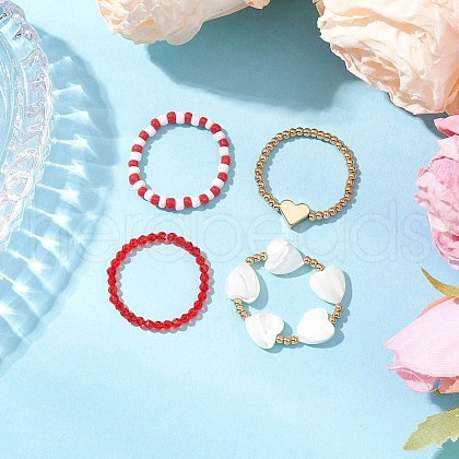 Transparent Glass Beads with Brass Beads and Natural Trochid Shell/Trochus Shell Beads and Glass Seed Beads Rings RJEW-TA00188-1