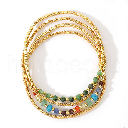 4Pcs Luxury Natural Unakite Round Beads & Moonstone & Lapis Lazuli & Malaysia Jade & Glass & Cubic Zirconia & Purple  Garnet & Red Garnet & Glass Seed Beads Stretch Bracelet Set for Women AP3962-1-1