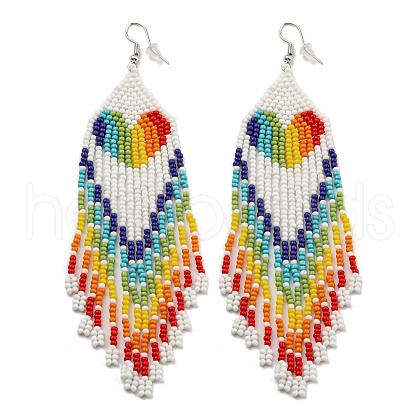 Boho Rainbow Color Seed Bead Heart Tassel Earrings EJEW-Q380-01A-1