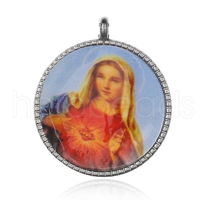 Virgin Mary Pattern Flat Round Alloy Pendants PALLOY-F061-01P-1