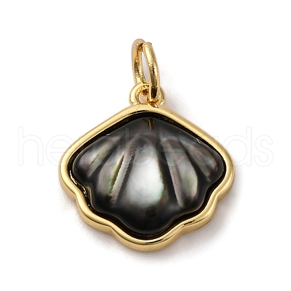 Brass Pave Natural Black Lip Shell Pendants KK-P308-05G-01-1
