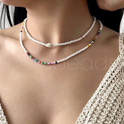 Summer Beach Natural Shell & Glass Seed Beaded Double Layer Necklaces for Women FS-WGF3BD7-08-1