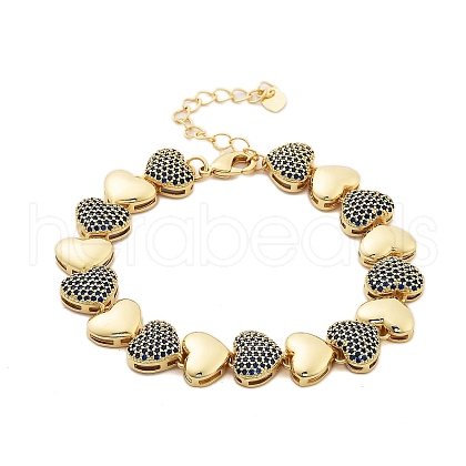 Rack Plating Brass Micro Pave Cubic Zirconia Heart Link Chain Bracelets for Women BJEW-B109-01G-01-1