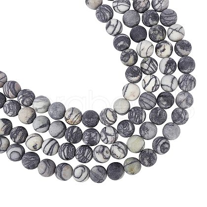 ARRICRAFT Round Frosted Natural Black Silk Stone/Netstone Bead Strands G-AR0002-32-1