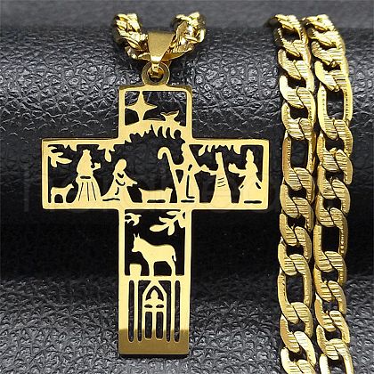 304 Stainless Steel Christian Cross Pendant Cuban Link Chain Necklaces STAS-D196-07G-1