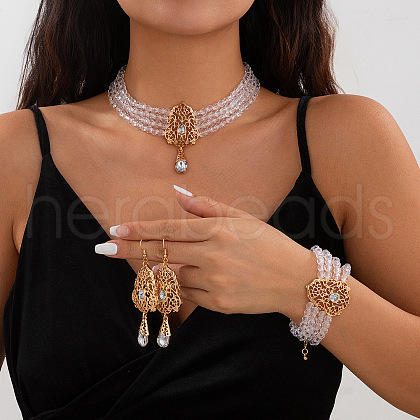 Teardrop Alloy & Glass Rhinestone Pendant Necklace & Stud Dangle Earring & Bracelet FS-WG89F11-14-1