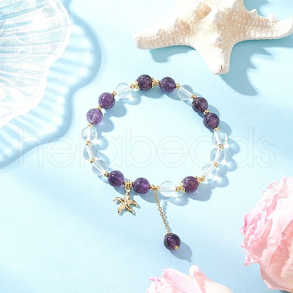 Natural Amethyst & Quartz Crystal Round Beaded Bracelets BJEW-JB11936-01-1