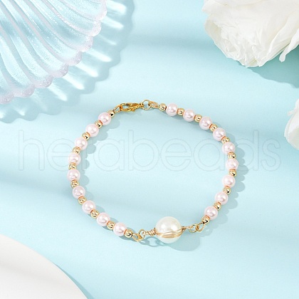 Glass Pearl Round Beaded Link Bracelets for Women BJEW-JB11975-01-1