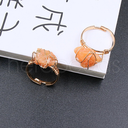 Nuggets Alloy Wire Wrapped Natural Sunstone Cuff Rings FS-WGA7830-10-1