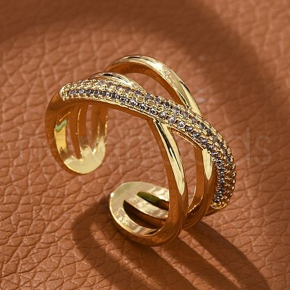 Brass Micro Pave Clear Cubic Zirconia Cuff Finger Rings RJEW-C120-16G-1