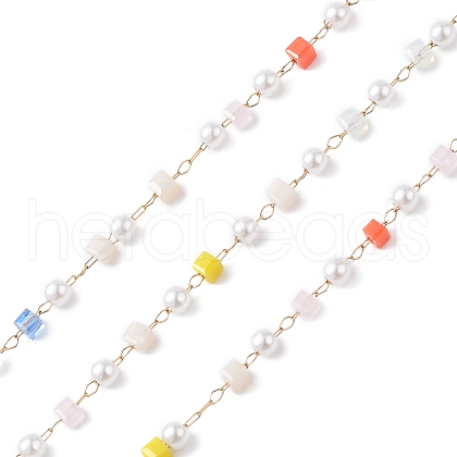 Cube & Round Glass & ABS Imitation Pearl Beaded Chains CHS-P016-43G-03-1