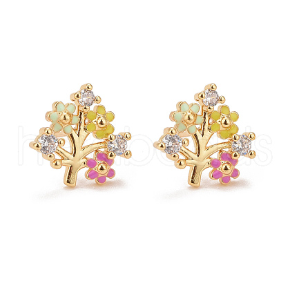 Colorful Enamel Flower of Life Stud Earrings with Cubic Zirconia EJEW-G288-30G-1