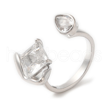 Glass Rhombus & Teardrop Open Cuff Ring RJEW-G288-04P-1