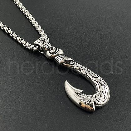 Retro Stainless Steel Fish Hook Pendant Ocean Punk Necklace Jewelry YW0137-1