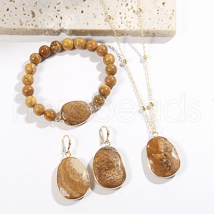 Oval Alloy with Natural Picture Jasper Pendant Necklaces & Beaded Bracelets & Dangle Earrings Sets WGD3DFC-04-1